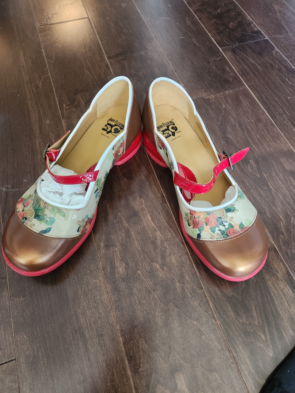John Fluevog Floral Mary Jane Flats with Bronze Toe and Red Strap